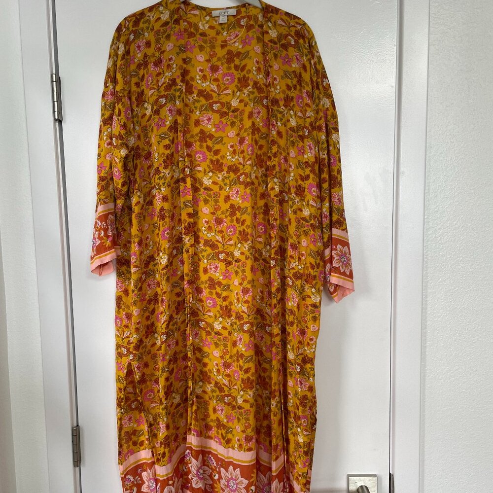 Loft Floral Tunic Duster Open Front Kimono in Yellow and‎ Red, M/L